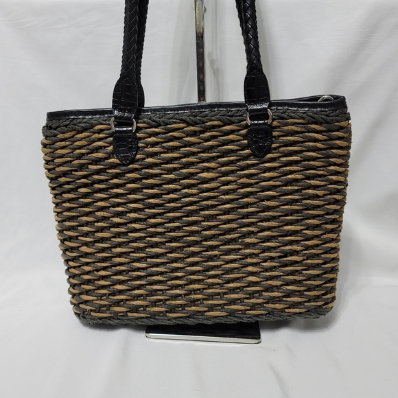Vintage Brighton Raffia Straw Leather Trim Shoulder Bag - Black & Tan - Picture 7 of 16